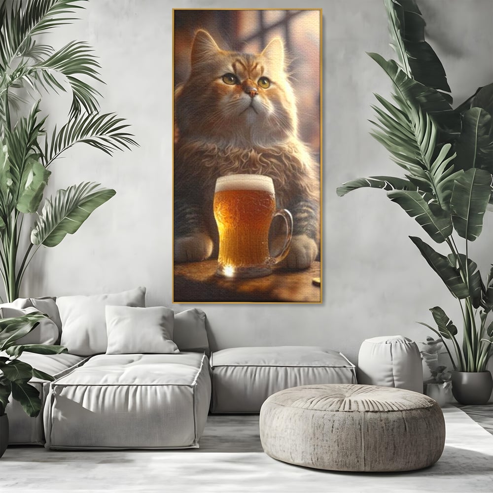 Tablou canvas cu tablou canvas cu motan pufos si halba de bere, in rama de aluminiu auriu, pe perete intr-un living